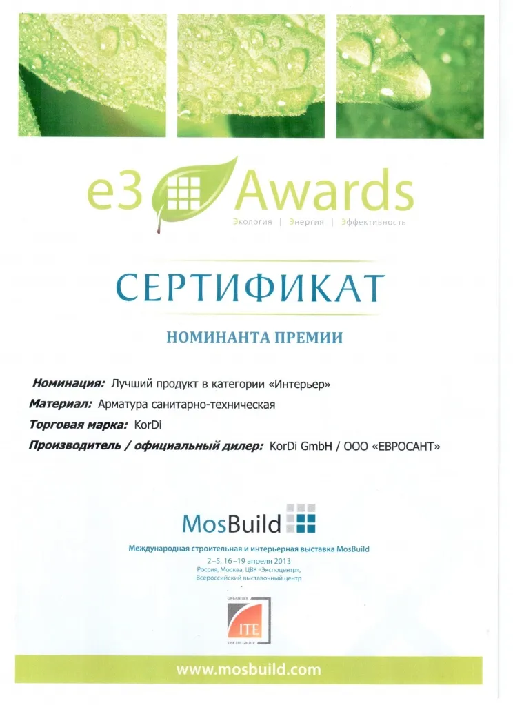 Сертификат номинанта премии е3